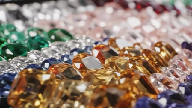 Close up of an assortment of colorful faceted gemstones like ruby, sapphire, and emerald arranged in rows
