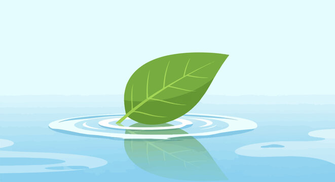 A single green leaf floats on gentle water ripples, casting a reflection