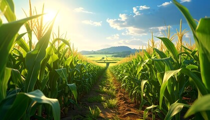 Obraz premium A serene cornfield under a bright blue sky