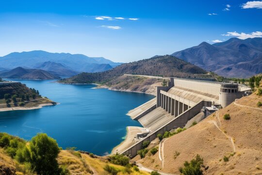 Concrete dam structure impounding blue water, generating electricity in a mountain landscape