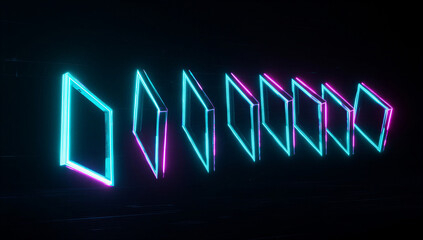 Obraz premium Neon lit rectangles in blue and pink hues on a dark background forming a digital pattern