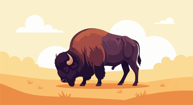 A stylized bison grazes in a minimalist landscape under a pale sky