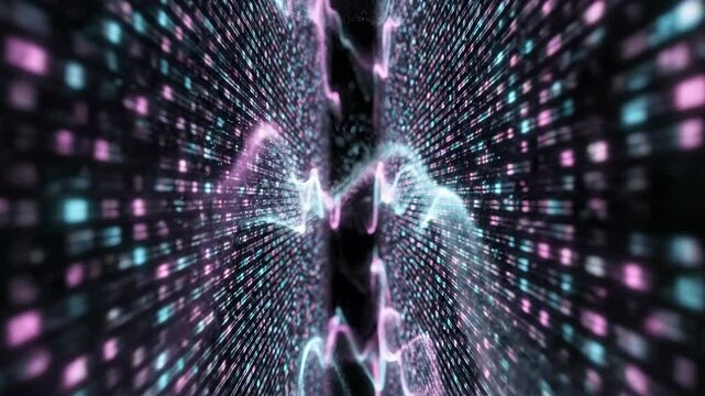 Rapidly scrolling abstract vertical grid of vibrant teal and magenta glowing segments suggesting high-speed data transfer geometry, dark, energy