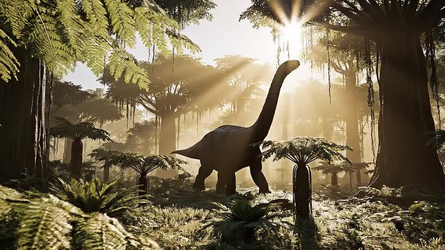 Brachiosaurus Silhouette in Sunlit Prehistoric Forest