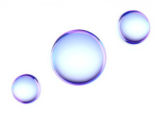 Three shiny transparent bubbles floating on air with light blue and purple hues