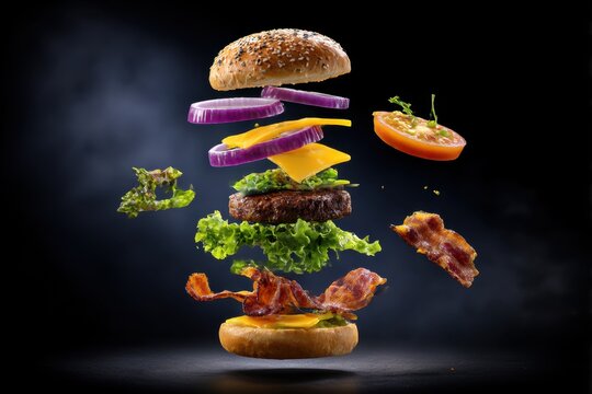 Deconstructed hamburger with floating ingredients in exploded vertical view, toasted sesame top, purple onion rings, tomato slices, cheddar cheese, crispy bacon, grilled beef patty, and lettuce