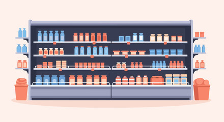 A pixel art display of a grocery store shelf stocked with bottles and jars