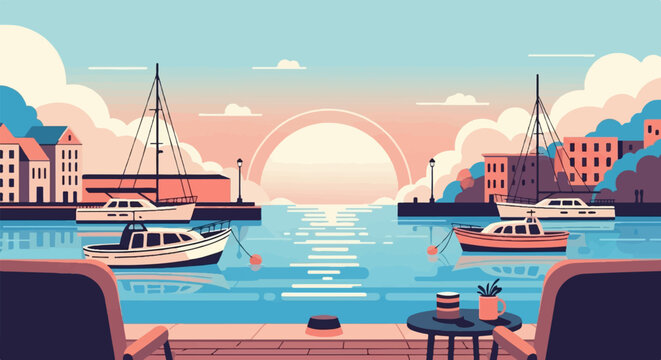 A pixel art harbor scene at sunset with boats and waterfront buildings