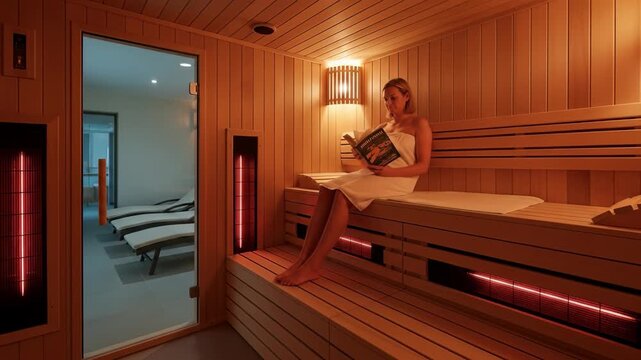 Young caucasian woman relaxes on a wooden bench inside a modern infrared sauna, reading a book for wellness and therapy footage.