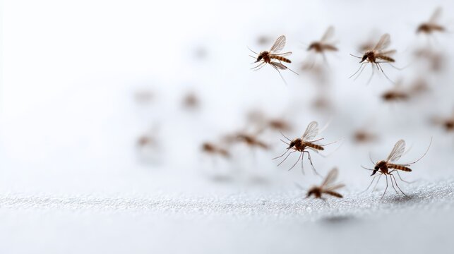 Mosquitoes buzzing and landing on a white surface, creating an unsettling scene of infestation and highlighting the risks of disease transmission such as malaria, dengue, and zika