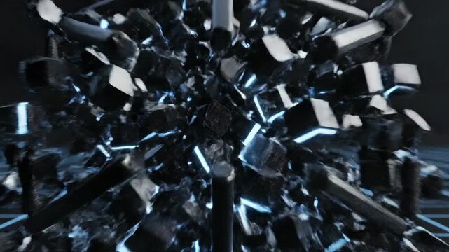 Rapidly shifting dark geometric blocks forming complex, unstable structures in a seamless looping abstract background suitable for technology concepts visualization, internet, dark web
