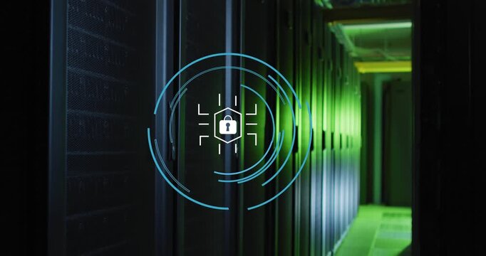 Animation of padlock icon and circles over server room