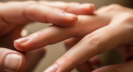Fototapeta premium Close up of human hands with fingers intertwined finger nails skin