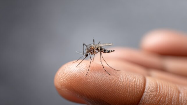 Close up view of a mosquito extracting blood from human skin on a finger, highlighting the threat posed by this dangerous insect in spreading diseases like malaria and dengue fever
