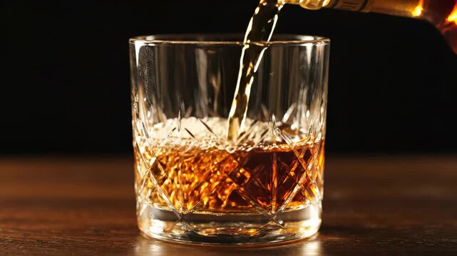 Pouring whiskey into crystal glass with rich amber color. Evening relaxation moment. Perfect for bar, restaurant, or home drink ambiance. Enjoy fine spirits luxuriously.