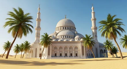 Fototapeta premium Iconic Islamic Mosque with Minarets Surrounded by Palm Trees in a Desert Oasis Under a Clear Blue Sky