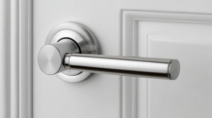 Naklejka premium Modern stainless steel door handle on white paneled wooden door with elegant design and smooth finish