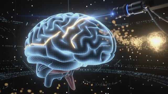 brain is scanned by laser beam as neural connections glow, futuristic 3D backdrop, static close-up with copy space by Generative AI