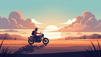 Fototapeta premium A person on a motorcycle rides through a scenic landscape at sunset
