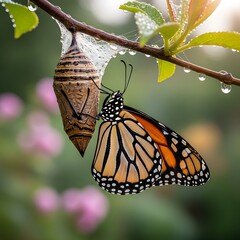Monarch butterfly emerging from chrysalis on a branch