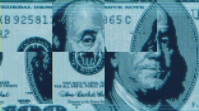 Glitch Dollar Apocalypse. Digital 100 Dollars Bill. Macro Footage of Corrupted Currency, Illuminati Pyramid. Conspiracy Theories, Dark Finance, All Seeing Eye, Finance Control, Cyber Money CBDC intro
