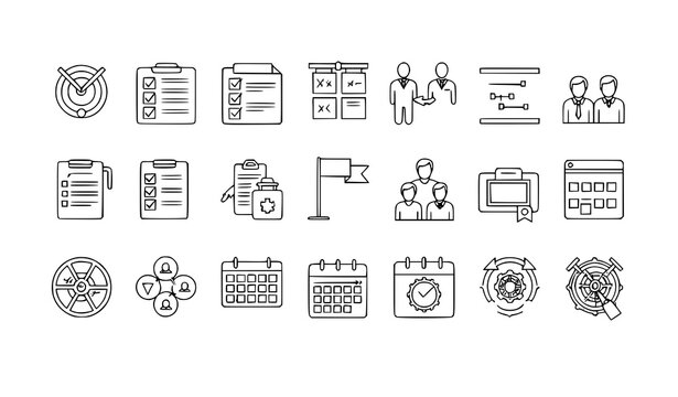 Business project management office outline icons set PMO workflow vector