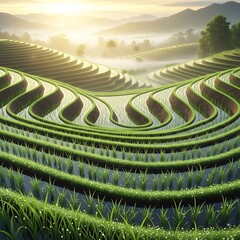 Serene rice terraces at sunrise with misty mountains