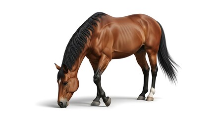 Fototapeta premium A beautiful bay horse with a dark mane and tail grazes peacefully on a white background, showcasing its sleek physique and healthy coat