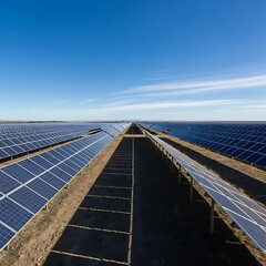 Large solar panel farm under clear blue sky