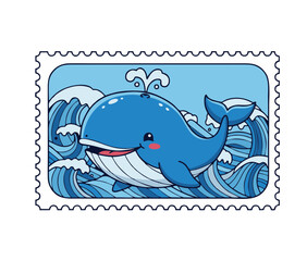 Naklejka premium cute blue whale swimming in ocean waves postage stamp illustration