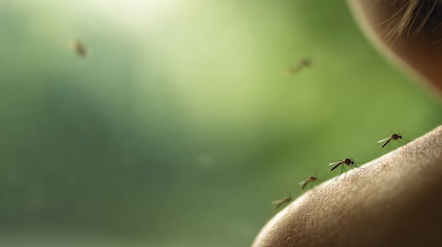 Mosquitoes are approaching and stinging human skin, sucking blood and transmitting diseases like malaria, dengue, zika virus, and chikungunya, posing health risks especially during summer