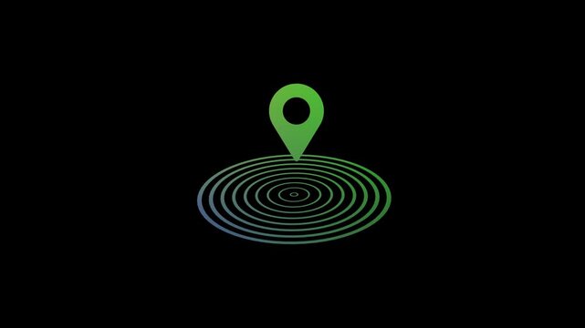 Green Location Pin Icon with Animated Expanding Radar Ripples on Black Background