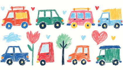 Naklejka premium A vibrant and whimsical collection of crayon-drawn vehicles, flowers, and hearts, evoking a sense of childhood joy and playful transportation.