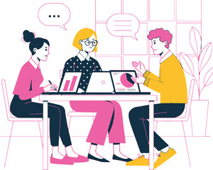 Fototapeta premium Business Team Meeting Vector Illustration – Office Collaboration and Data Analysis Discussion
