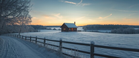 Naklejka premium Rustic home with fencing during winter months