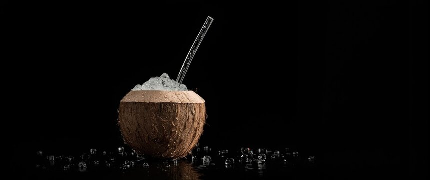 Top of the perfume coconut with a coconut water tube, showcasing fresh coconut juice on a black background for water drinking and health concept