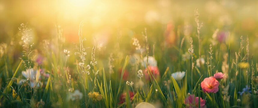 Floral spring background on a lush green meadow with warm sunflares, soft focus grass, dawn, background, abstract flowers, summer, nature, Easter, spring, light