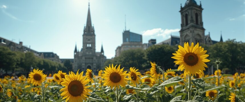 Blooming sunflowers in front of Pittsburgh's Cathedral of Learning