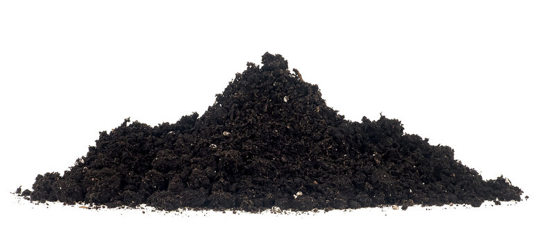 Pile of rich, dark organic soil mixed with compost isolated on a white background. Humus, fertile soil.