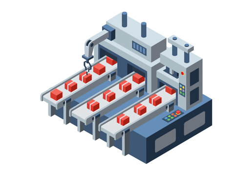 Industrial facility with automated production line processing red objects viewed from an isometric perspective