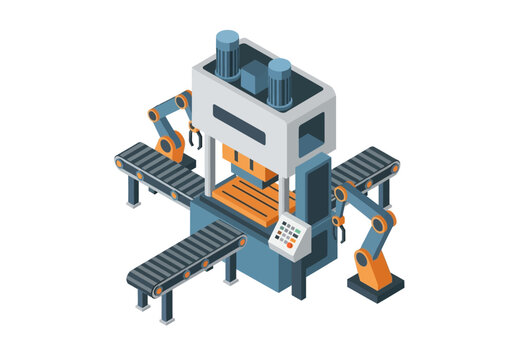 Isometric illustration of an industrial machine with robotic arms in a factory setting viewed from above