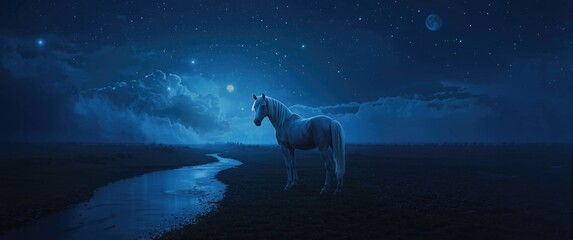 Fototapeta premium Nighttime photo featuring a unicorn, creek, and moon