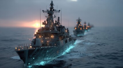 Obraz premium Future war concept.future war battleship cyber navy digital warship glowing circuit artificial intelligence ocean fleet sunset combat technology future war battleship with cyber navy digital