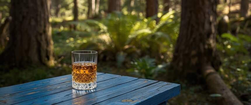 Nature setting with Schnapps liquor on a blue table, glass, drink, alcohol, beverage, liquid, crystal, outdoor environment