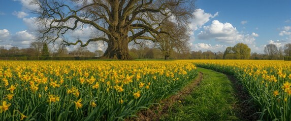 Obraz premium Wide meadow of daffodils flourishing under a tree