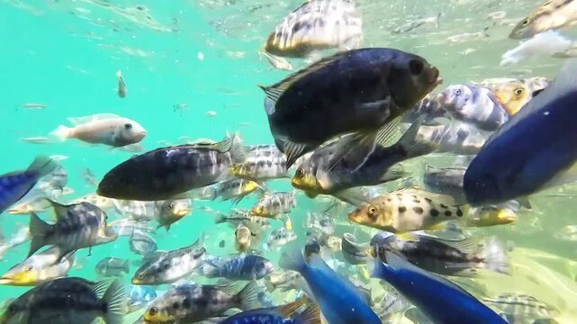Vibrant underwater footage of colorful cichlid fish swimming in Lake Malawi. Schools of tropical freshwater fish swim in their natural habitat.