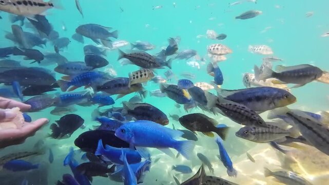 Vibrant underwater footage of colorful cichlid fish swimming in Lake Malawi. Schools of tropical freshwater fish swim in their natural habitat.