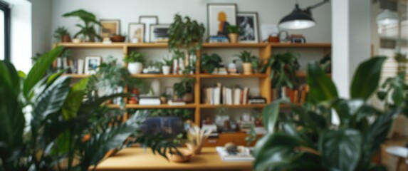 Fototapeta premium Soft-focus backdrop of an organized bookshelf with plants, artwork, and books, blending natural elements and modern decor to evoke a peaceful reading atmosphere