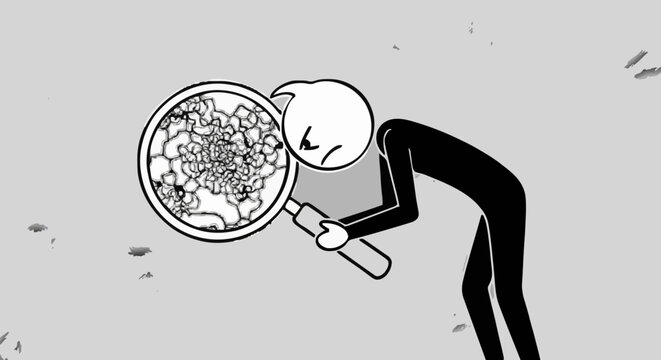 Stick figure examining microscopic cells through a magnifying glass.