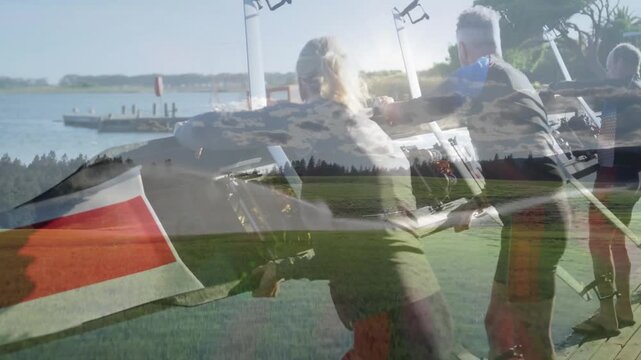 Preparing rowing equipment, people by scenic lake with animation of countryside landscape